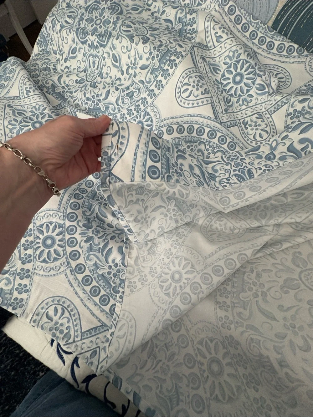 Blue and White Medallion shower curtain - with button hole opening for hooks